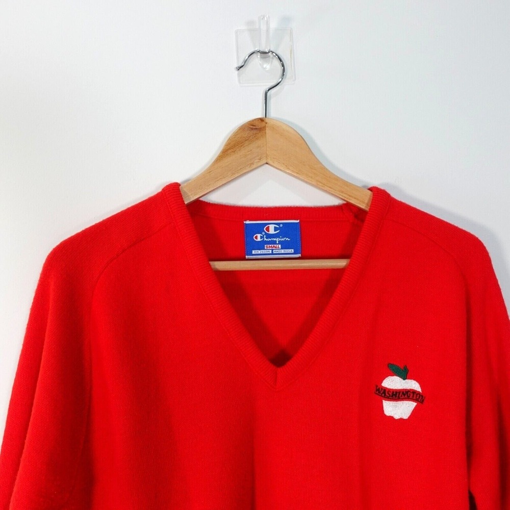 VINTAGE Champion Sweater Small Red Knit V Neck Adult Apple Washington 80s USA - Picture 2 of 11